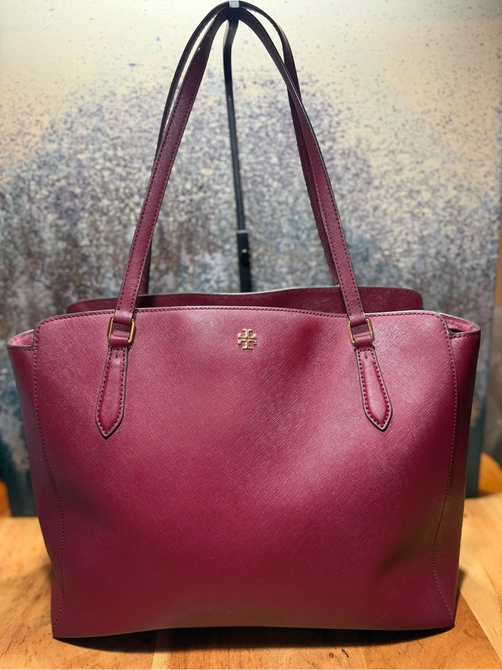 Tory Burch Classic Emerson Saffiano Leather Tote Burgundy Imperial Merlot